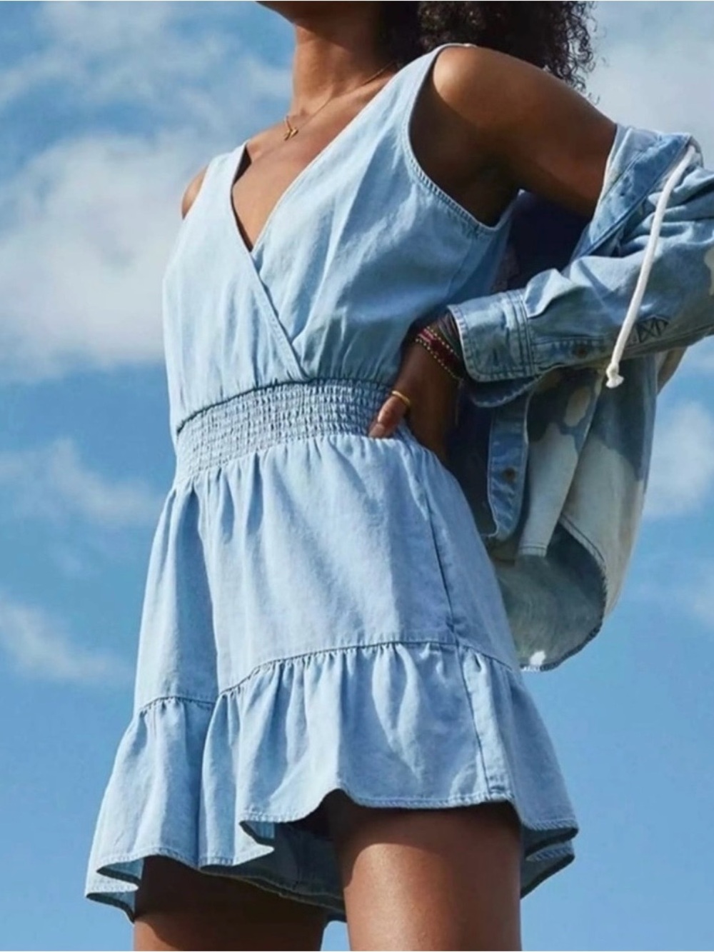 American Eagle - Light Blue Denim Tiered Smocked Waist Romper - Like New